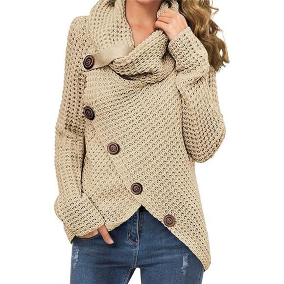 Womens Chunky Knit Sweater Turtleneck Long Sleeve Pullover Loose Asymmetric Top - Picture 7 of 7